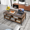 Coffee Table Wooden Storage Shelf Metal Frame Rectangle Brown Black Center Table