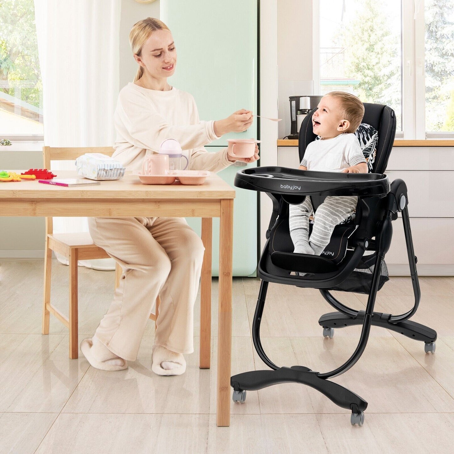 Folding Baby High Chair Adjustable Convertible High Chair W/ Removable Meal Tray