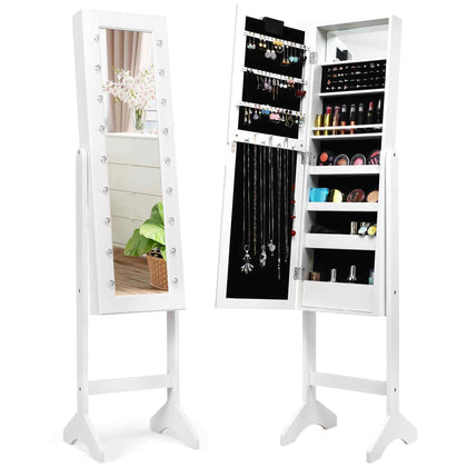 18 LEDs Jewelry Cabinet Floor Standing Jewelry Storage Organizer White