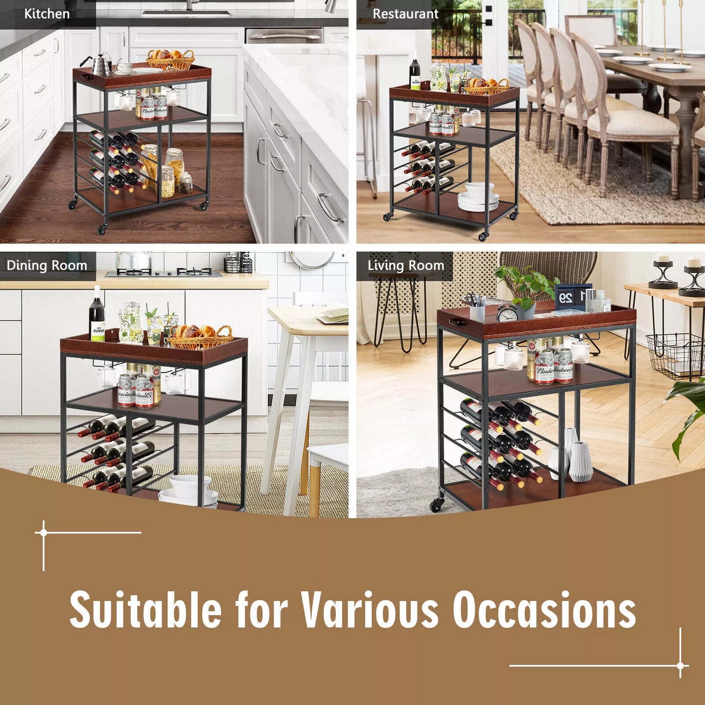 Industrial Kitchen Island Cart 3-Tier Rolling Bar Serving Trolley With Wine Rack