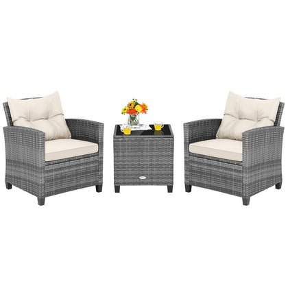 3 PCS Patio Furniture Set Outdoor Patio Rattan Sofa Set W/ Soft Seat White