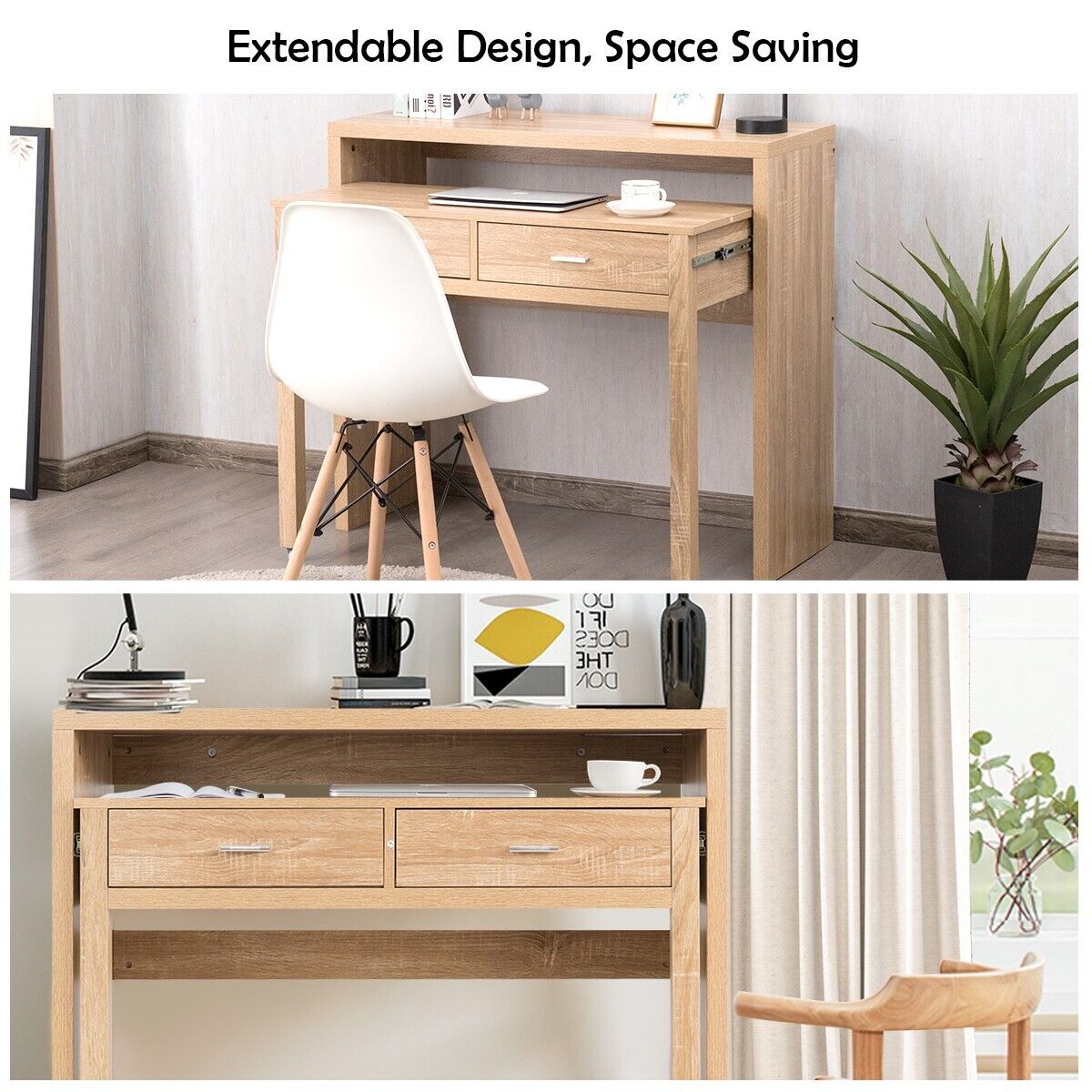 Costway Extending Writing Desk Console Table Wood Study Workstation w/2 Drawers