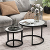 Nesting Coffee Table Set of 2, Marble-Effect Glass Round Side Tables, White