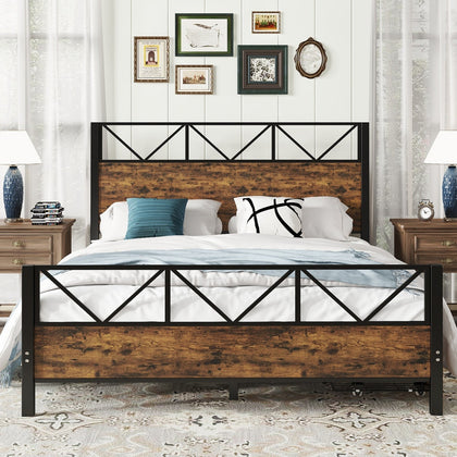 4ft6 Double Bed Solid Bed Frame with Headboard and Footboard, 2 Storage Drawers