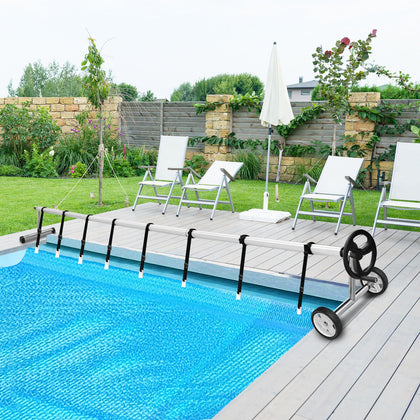 5.5 m Pool Cover Reel Set Adjustable Above Ground Pool Solar Cover Reel w/Wheel