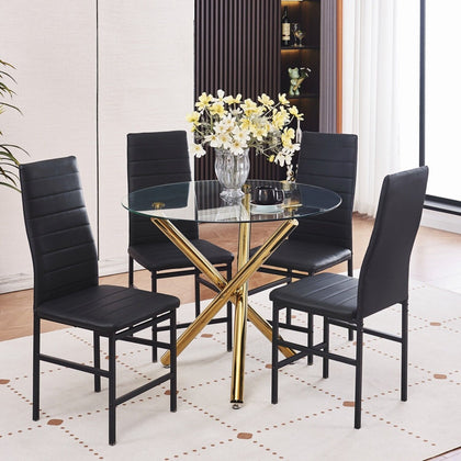 4x Black Faux Leather Dining Chairs & Round Clear Glass Dining Table Golden Legs
