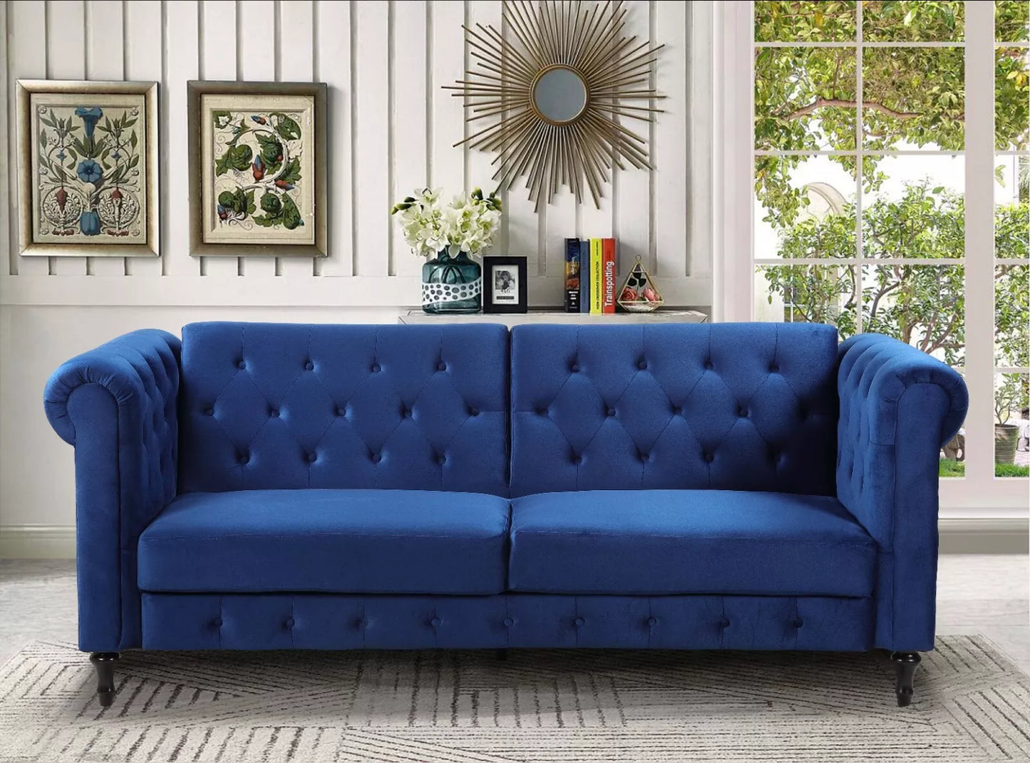 Sofa Bed Velvet Chesterfield 3 Seater Style Green Blue Grey Sofabed Button Back