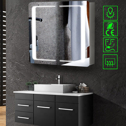 Modern Bathroom Mirror Cabinet LED Illuminated Bluetooth/Sensor Wall Storage NEW