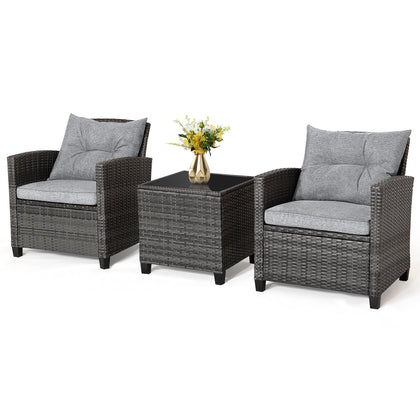 3Pcs Outdoor Conversation Set Garden Furniture Patio Rattan Sofa Table Set Gray