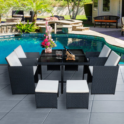 8 Seater Cube Rattan Garden Furniture Set Dining Table Chair Stool Outdoor Black