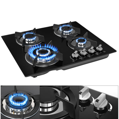 4 Burners Gas Hob 60cm Black Tempered Glass NG/LPG Convert With Iron Pan Support