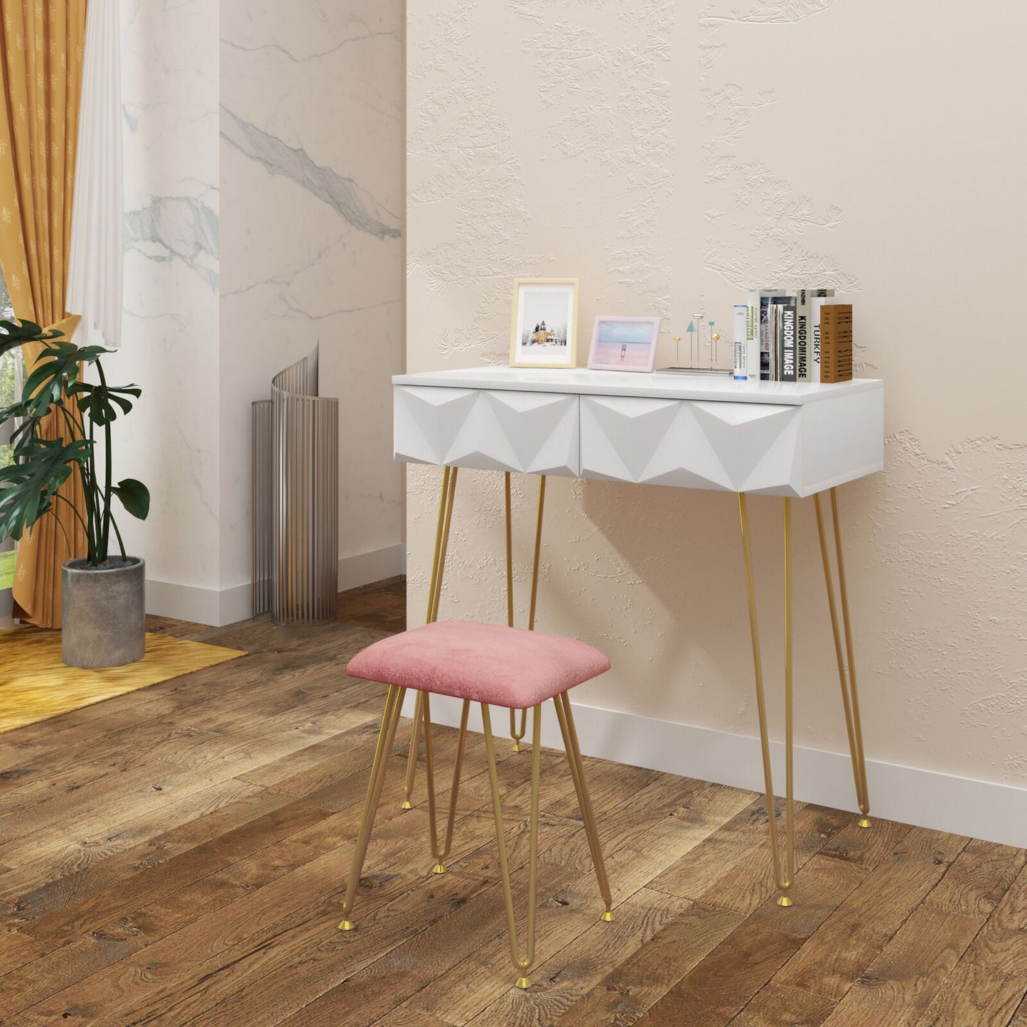 Dressing Table w/ 2 Drawers Round Mirror Stool Makeup Vanity Desk Bedroom White