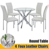 Round Glass Dining Table and 4 White Faux Leather Chairs Kitchen Room Furniture