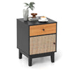 Modern Bedside Table Rattan Nightstand with Storage Drawer-Black