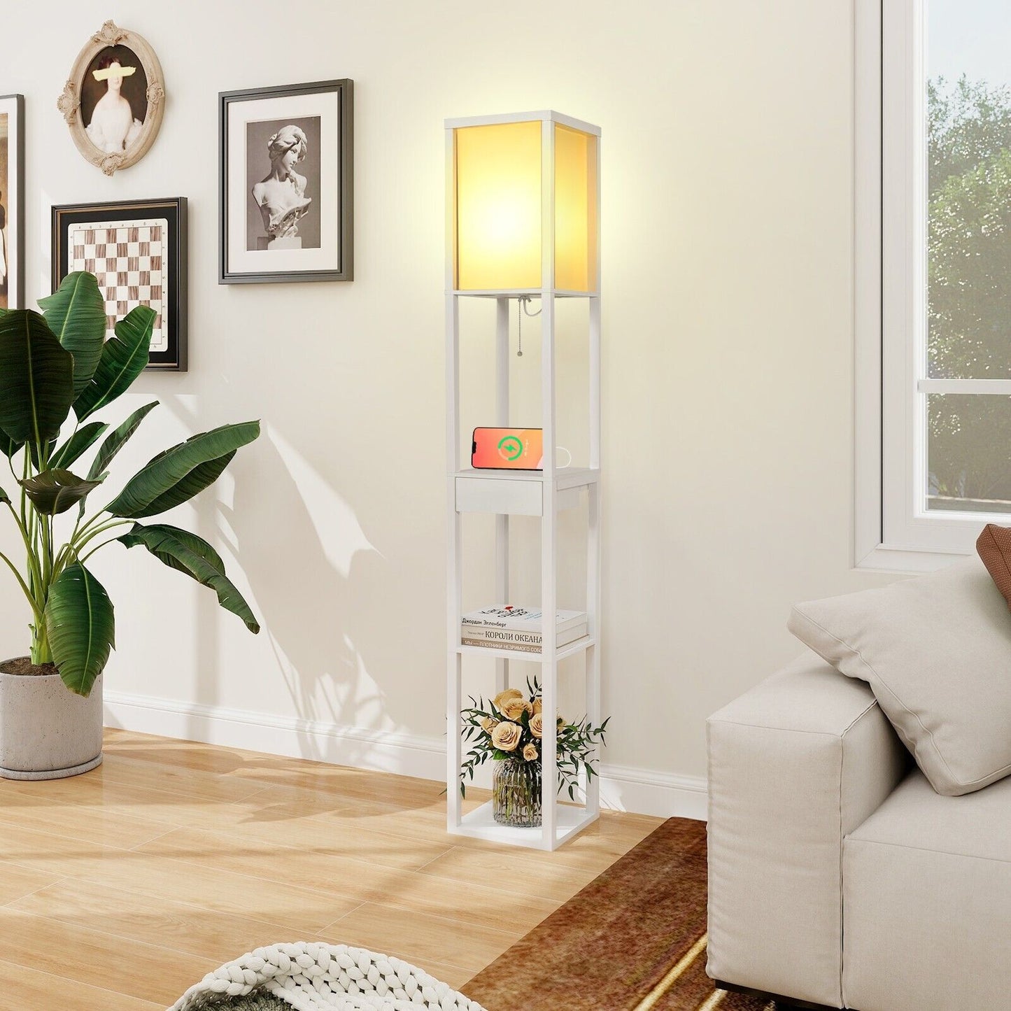 Wood Floor Lamp Modern Standing Light with Shelves USB Charging Port Drawer Bulb