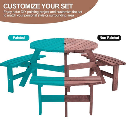 6 Seater Wooden Round Picnic Table and Bench Garden Furniture Set Outdoor Patio