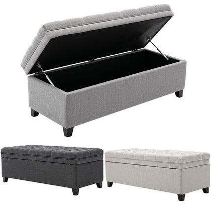 Large Linen Ottoman w/ Storage Button-Tufted Bedroom Bench Hinge End Of Stool