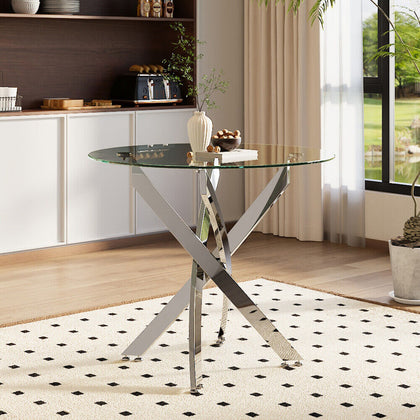 4-6 Seater Glass Round Dining Table Chrome Cross Legs Home Kitchen Dining Room
