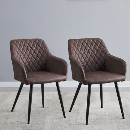 2× Brown Faux Leather Dining Chair Diamond Seat Metal Legs Dining Room Office