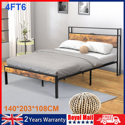 4ft6 Metal Bed Frame with Wood Headboard and Footboard/Heavy Duty Slat Zxvgkslzd