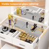 Vanity Desk with Mirror Lights，Glass Top Dressing Table with 2 Drawers and Qgxjh