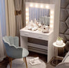 White Dressing Table Set With LED Lights Mirror, Vanity Makeup Drawers And Stool