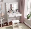White Dressing Table Set With LED Lights Mirror, Vanity Makeup Drawers And Stool