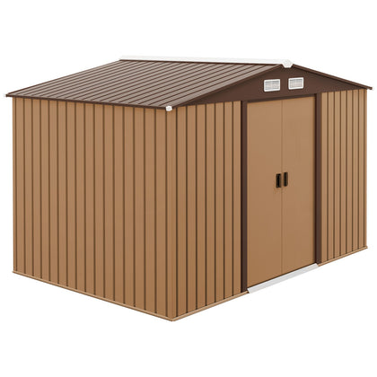 9 x 6FT Galvanised Garden Storage Shed w/Sliding Door, Light Brown