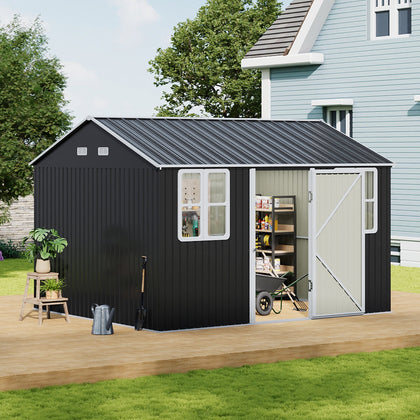 12X10ft Garden Shed Outdoor Metal Tool Storage House with Lockable Door & Window