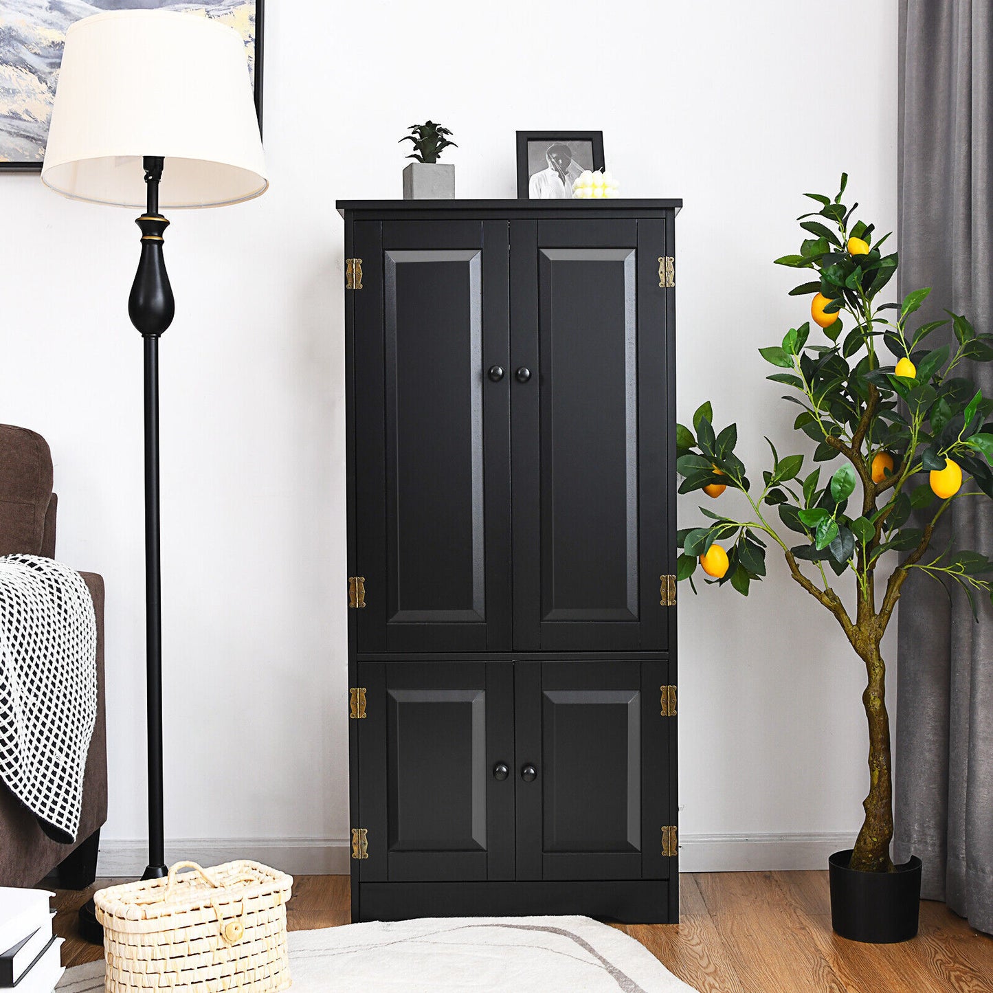 Antique Low Floor Cabinet Freestanding Storage w/Double Door Adjustable Shelf