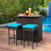 3 Piece Outdoor PE Rattan Bar Set Bar Table 2 Bar Stools Bistro Set with Cushion