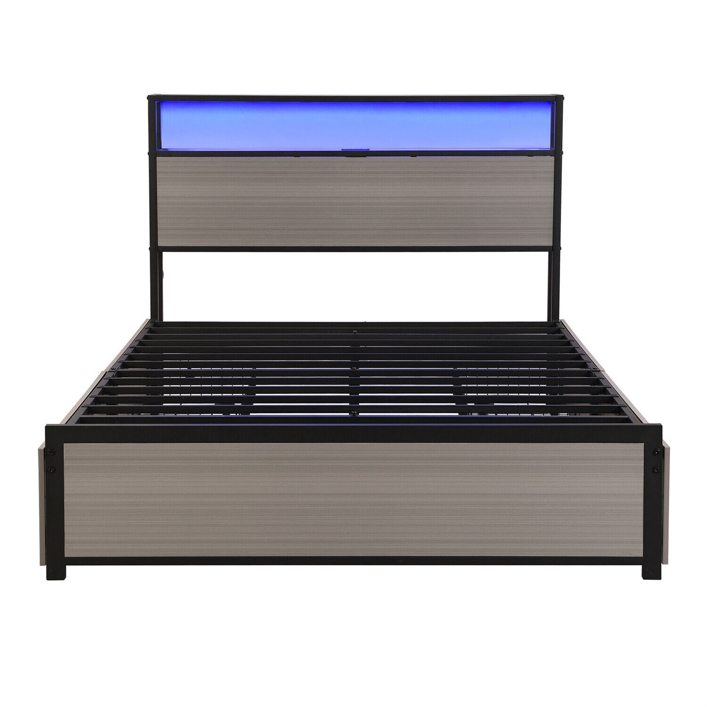Double Bed Frame with LED Lights, 4 Drawers, Charging Station Metal Platform Bed