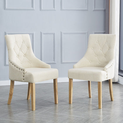 2x Beige Upholstered Fabric Dining Chairs Solid Wood Legs Button Tufted Armchair