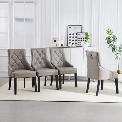 4x Grey PU Leather Dining Chairs Button-Tufted Upholstered with Rivets Ring Pull