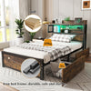 3ft Single Metal Bed Frame w/ LED, Charging Station, Storage Headboard & Drawers