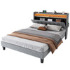 UPHOLSTERED PLATFORM BED 4FT6 DOUBLE BED FRAME WITH LED STORAGE HEADBOARD GREY