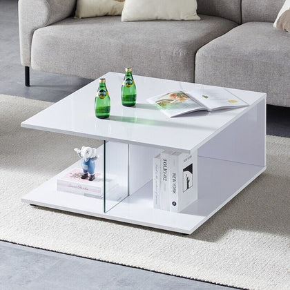 2 Tiers High Gloss Coffee Table Square L-Type Living Room Lounge MDF Glass White