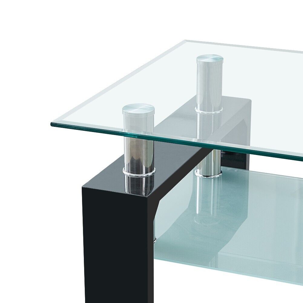 Modern Black Glass Coffee Table MDF Shelf Storage Living Room Rectangular
