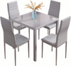 Small Space Dining Set 5Pcs Square Gray Glass Dining Table+ 4 Dining Chairs Set