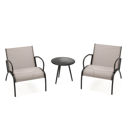 3 Piece Patio Chair Set, Wide Armchair & Table Set w/Curved Fabric Seat Grey