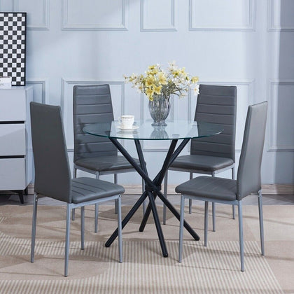 4pcs Grey PU Leather Dining Chairs & Round Clear Glass Dining Table Black Legs