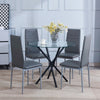 4pcs Grey PU Leather Dining Chairs & Round Clear Glass Dining Table Black Legs