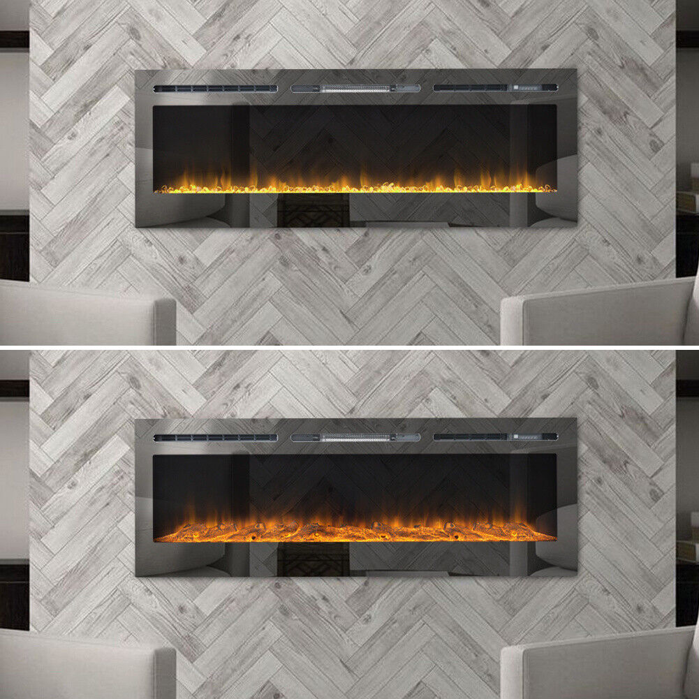 Glass Inset Panel Black Glossy Tempered Glass Panel Electric Fireplace Inset/Wall Mounte ...