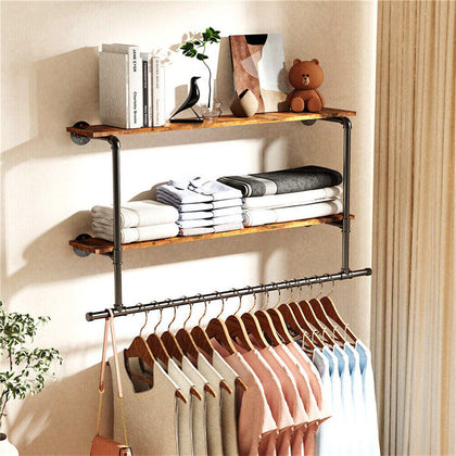 2 Tier Large Industrial Pipe Clothes Rail Wall Mounted Floating Shelf OpenCloset