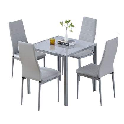 Modern Grey Dining Set 5Pcs Glass Dining Table+ 4 Leather Dining Chairs Set