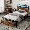 Single Metal Bed Frame with LED, Charging Station, Storage Headboard and Drawer