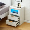 White LED Bedside Table 2 Drawers with Charging Station Nightstand Cabinet