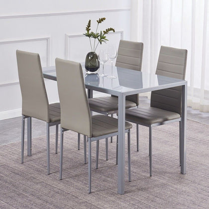 4x Grey Faux Leather Padded Seat Dining Chairs&Grey Tempered Glass Dining Table