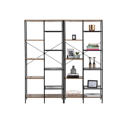 2 x 9 Tier Storage Bookshelf Mid Oak Style With Industrial Details 1700mmH