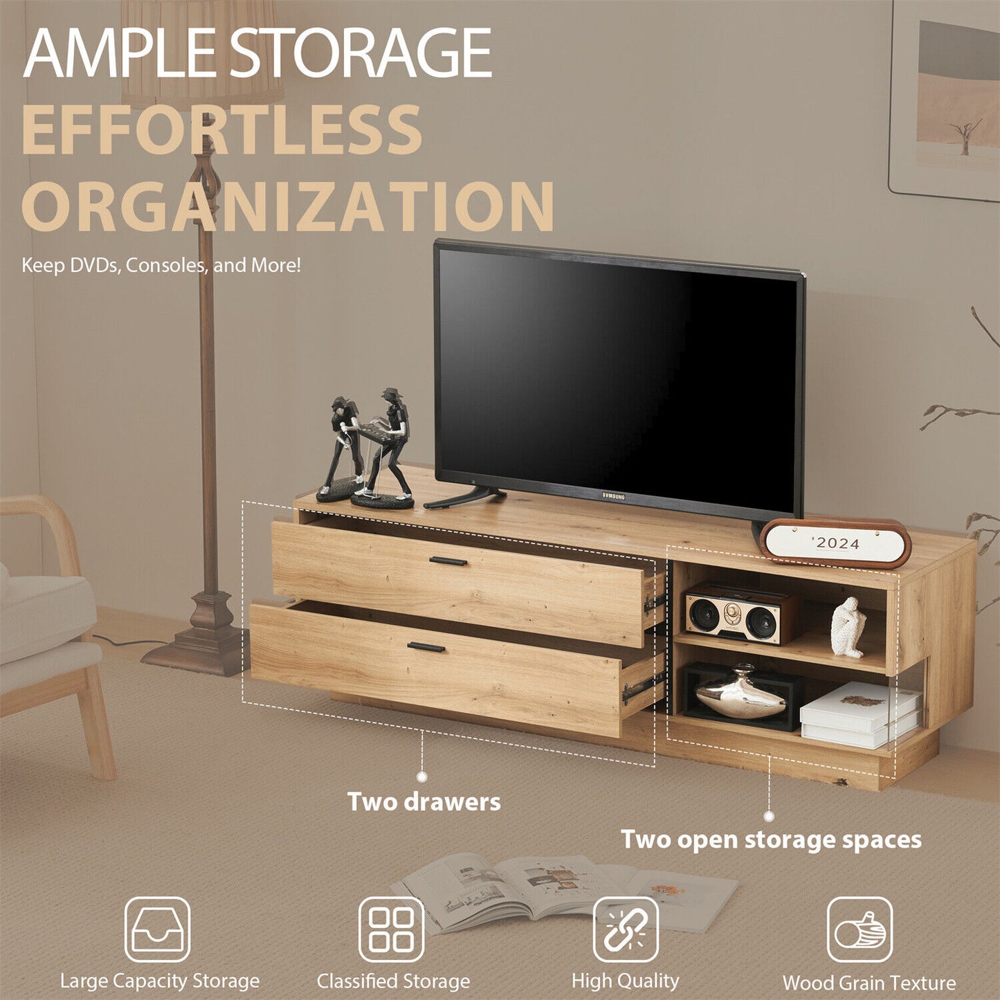TV Stand Cabinet Entertainment Center Modern TV Unit with Drawer Storage Oak